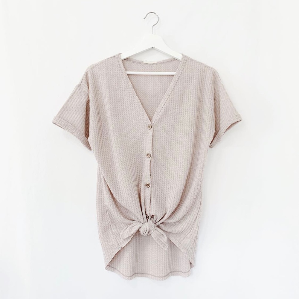 Front Tie Waffle Knit Tee Dusty Pink